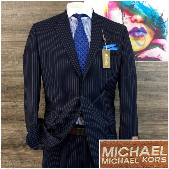 New Michael Kors Mens Suit 2 Piece Set Size 44L‎ Jacket Blazer Pants Wool Blue - Picture 1 of 16